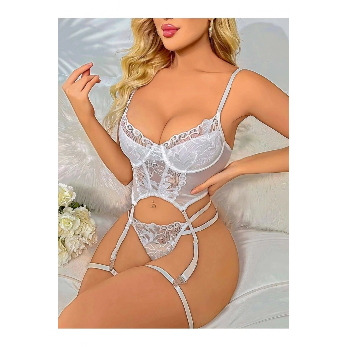 Transparan Beyaz Dantel İşlemeli Büstiyerli Jartiyer Takımı