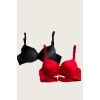 Aria s Closet Siyah-Kırmızı 2 li Mikro Kumaş İçi Boş Balenli Günlük Desteksiz Sütyen