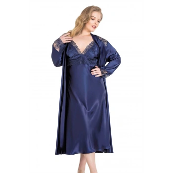 Aria s Closet Büyük Beden Lacivert Uzun İkili Saten Sabahlık Gecelik Takımı