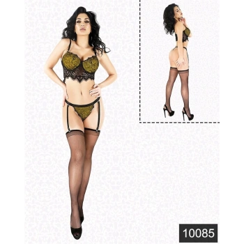 Arias Closet Fantazi Sarı Lamine Dantel Jartiyer Büstiyer Takım