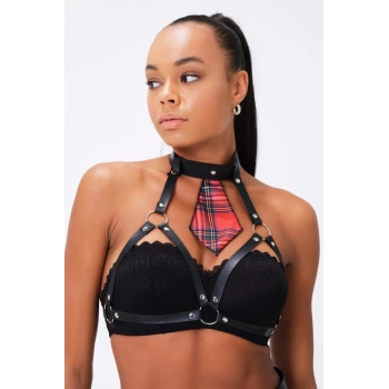Arias Closet Kareli Kravat ve Harness Göğsü Açık Deri Aksesuar