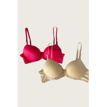 Aria s Closet Kırmızı-Ten 2 li Mikro Kumaş İçi Boş Balenli Günlük Desteksiz Sütyen