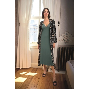 Arias Closet Çiçek ve Yaprak Desenli Dantelli ve Dekolteli Sabahlık Takımı