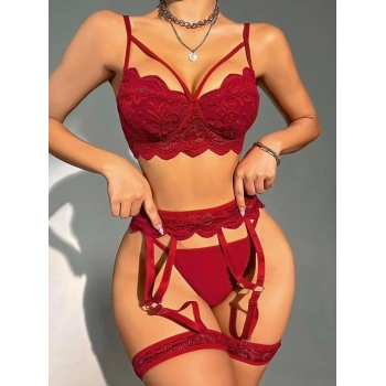 Transparan Bordo Dantel İşlemeli Sütyenli Jartiyer Takımı