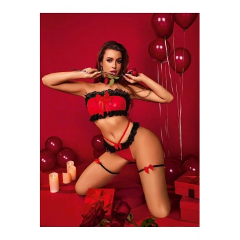 Transparan Siyah-Kırmızı Fantezi Bacak Bantlı Sütyen Külot Takımı