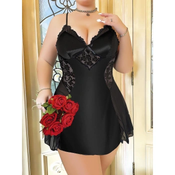 Aria s Closet Büyük Beden Siyah Dantel İşlemeli İnce Askılı Saten Gecelik