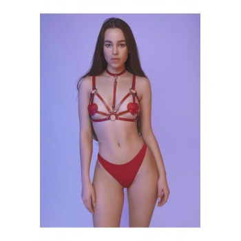 Aria s Closet Fantezi Kırmızı Harness Sütyen Kumaş Külot Takımı