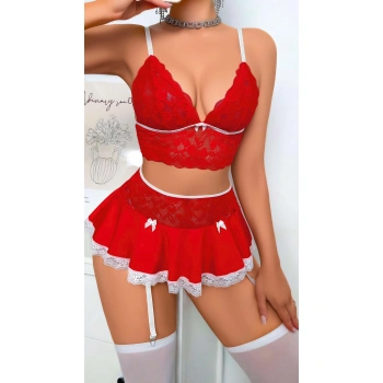 Aria s Closet Kırmızı Dantel İşlemeli Büstiyerli Etekli Fantezi Kostüm