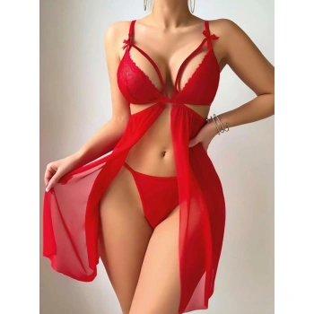 Aria s Closet Kırmızı Göğüs İp Detaylı Dantel İşlemeli Tül Gecelik