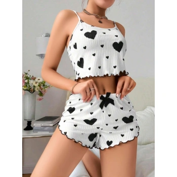 Aria s Closet Pamuklu Beyaz Üstüne Siyah Kalp Desen Fitilli Askılı Şortlu Pijama Takımı