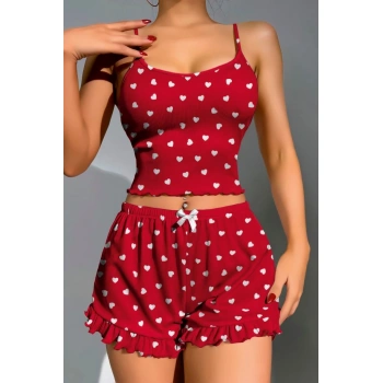 Aria s Closet Pamuklu Kırmızı Üstüne Beyaz Kalp Desen Fitilli Askılı Şortlu Pijama Takımı