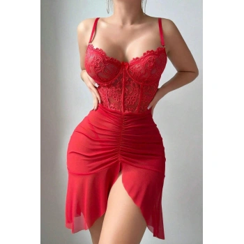 Arias Closet Özel Tasarım Kırmızı Dantel İşlemeli Korse Görünümlü Önden Büzgülü Fantezi Tül Gecelik