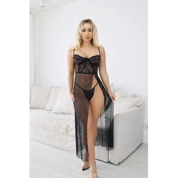 Arias Closet Siyah Dantel İşlemeli Yırtmaçlı Fantezi Şık Tül Gecelik