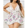Aria s Closet Büyük Beden Beyaz Üstüne Çiçek Desenli Dantel İşlemeli İnce Askılı Gecelik