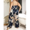 Aria s Closet Büyük Beden Mavi Üstüne Çiçek Desenli İnce Askılı 2 li Saten Pijama Takımı