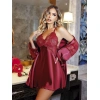 Arias Closet Özel Tasarım Dantel İşlemeli Göğüs Dekolteli Sabahlıklı Saten Bordo 2 li Gecelik Takımı