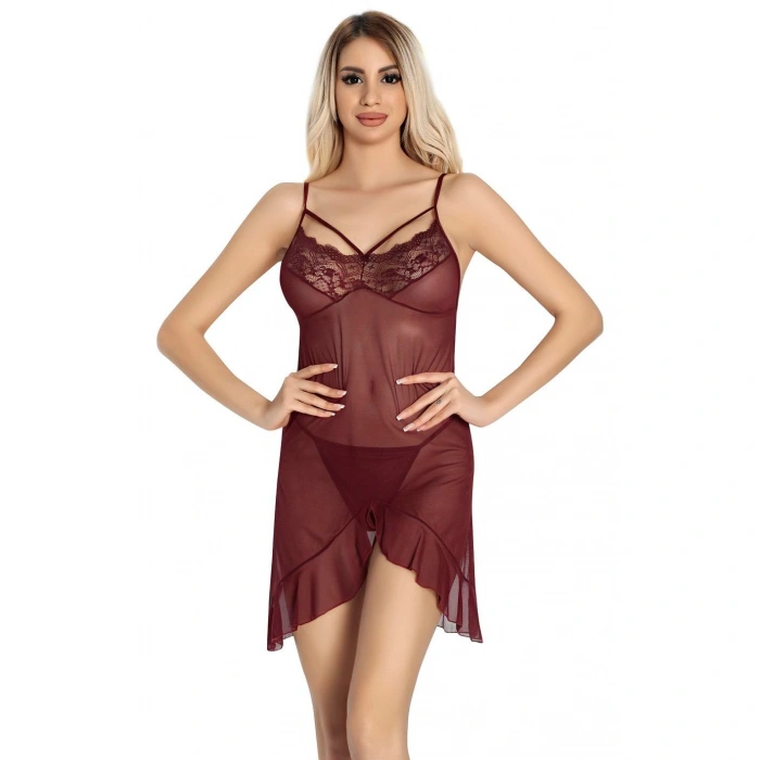 Aria s Closet Bordo Dantel İşlemeli Göğğüs İp Detaylı Fantezi Tül Gecelik