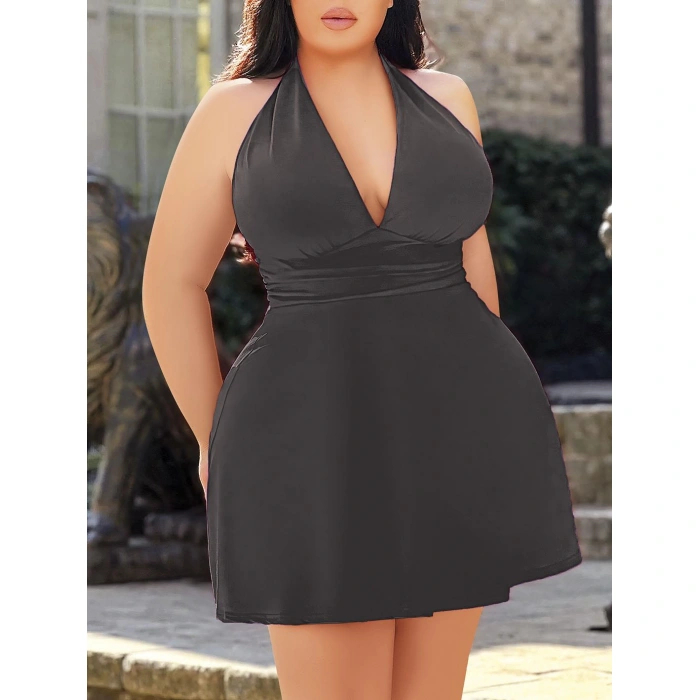 Aria s Closet Büyük Beden Antrasit Boyundan Bağlamalı Mini Gecelik