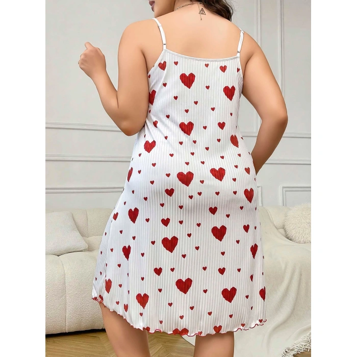 Aria s Closet Büyük Beden Kalp Desen Pamuklu İnce Askılı Uzun Gecelik