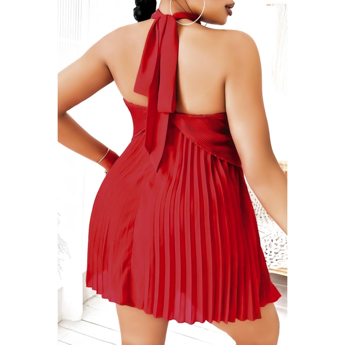 Aria s Closet Büyük Beden Kırmızı Fırfırlı Boyundan Bağlamalı Gecelik