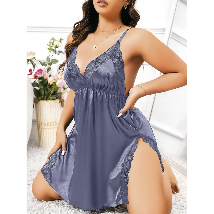 Aria s Closet Büyük Beden Lacivert Dantel İşlemeli İnce Askılı Saten Fantezi Gecelik
