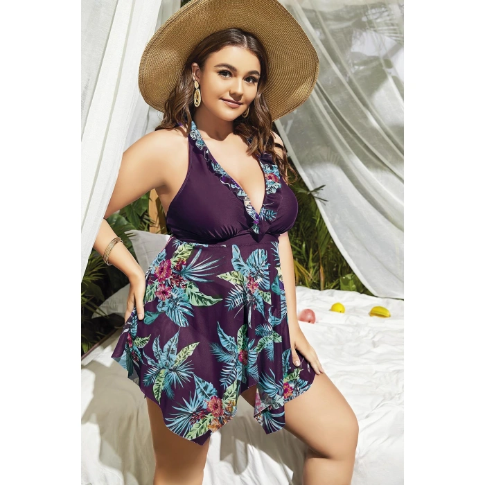 Aria s Closet Büyük Beden Mor Üstüne Çiçek Desenli Boyundan Bağlamalı Elbise