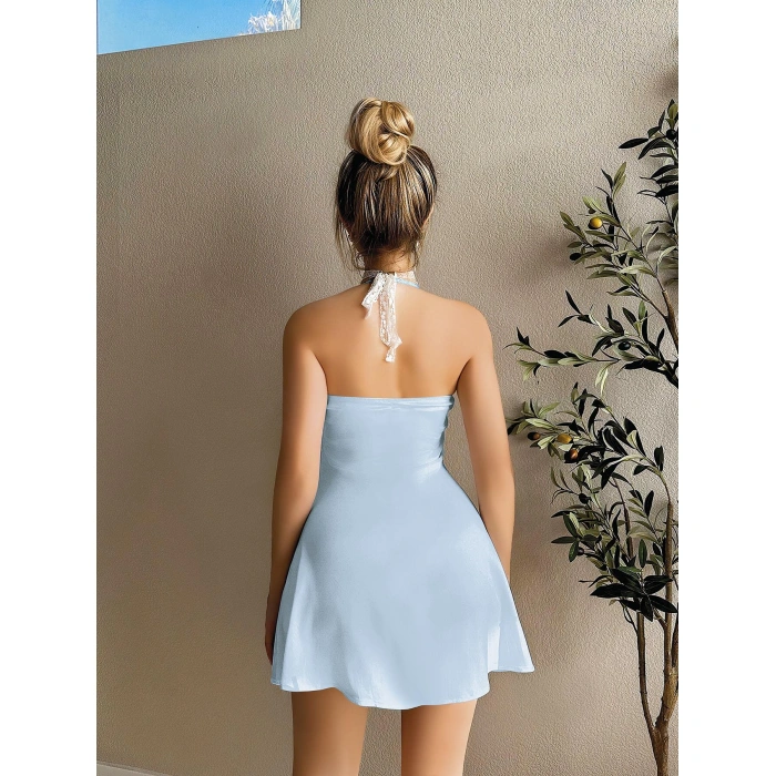 Aria s Closet Dantel İşlemeli Boyundan Bağlamalı Mavi Saten Gecelik