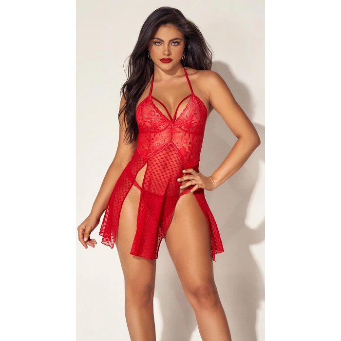 Aria s Closet Kırmızı Dantelli Boyundan Askılı Göğüs Detay Gecelik Takımı