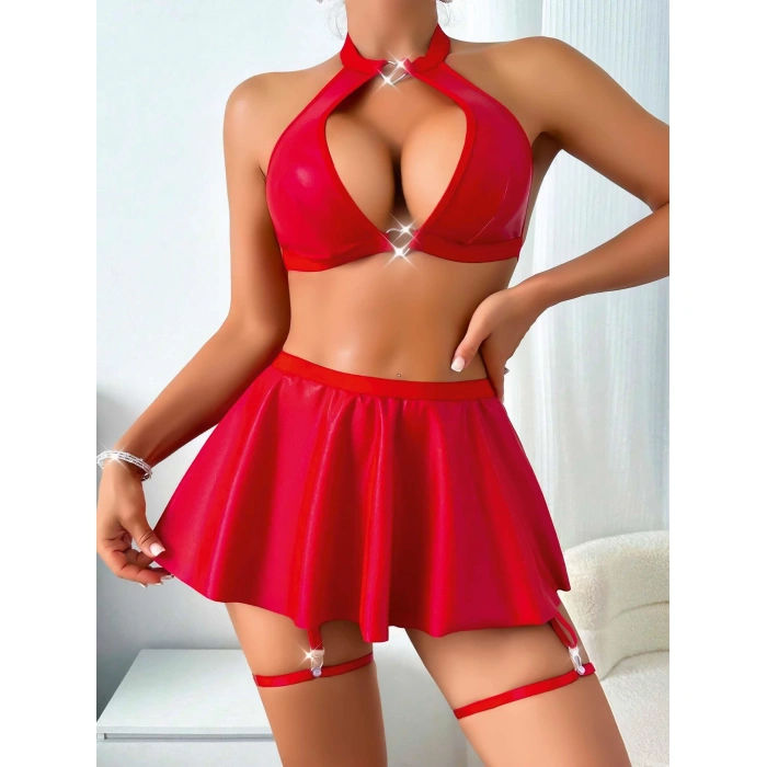 Aria s Closet Kırmızı Dekolteli Etekli Boyundan Bağlamalı Fantezi Parlak Deri Kostüm