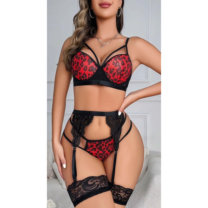 Aria s Closet Kırmızı Leopar Desenli Fantezi Jartiyer Takımı