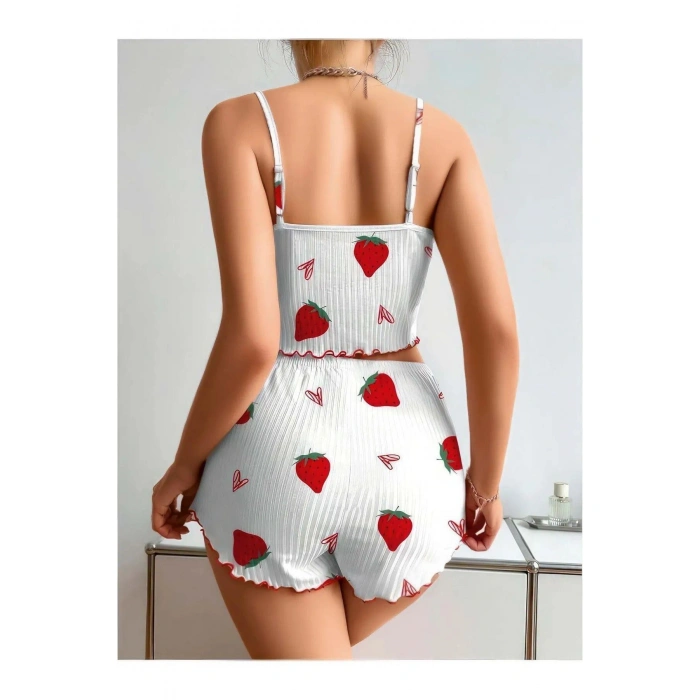 Aria s Closet Penye Kumaş Çilek Desen Beyaz Şortlu Takım