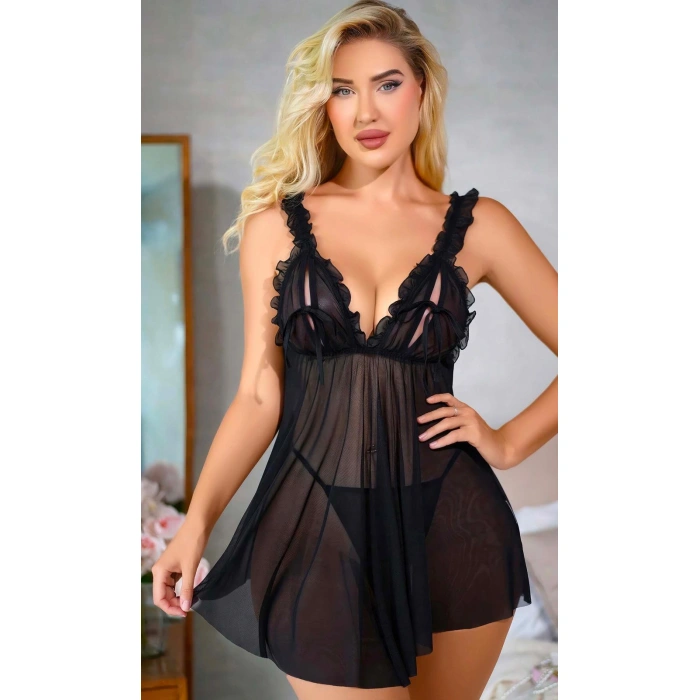 Aria s Closet Sİyah Fırfırlı Göğüs Dekolteli Transparan Fantezi Tül Gecelik