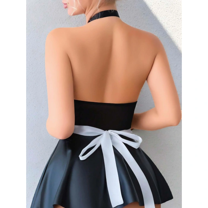Aria s Closet Siyah Göğüs Dekolteli Boyundan Bağlamalı Mini Etekli Fantezi Deri Hizmetçi Kostümü