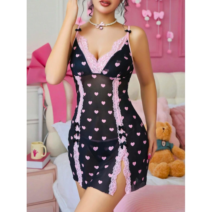 Aria s Closet Siyah Kalp Desenli Dantel İşlemeli Fantezi Gecelik