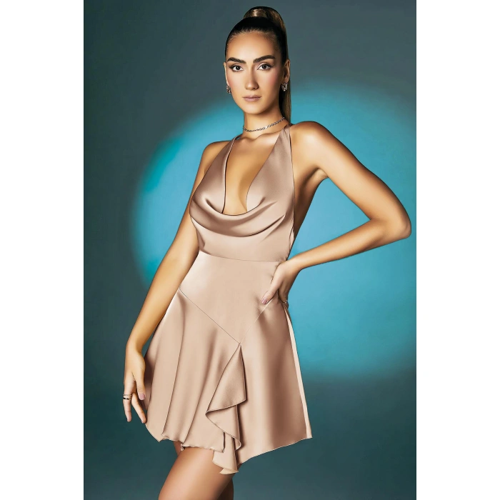 Aria s Closet Somon Askılı Degajeli Fantezi Mini Elbise