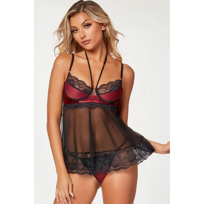 Arias Closet Bordo Dantel İşlemeli Fantezi Gecelik