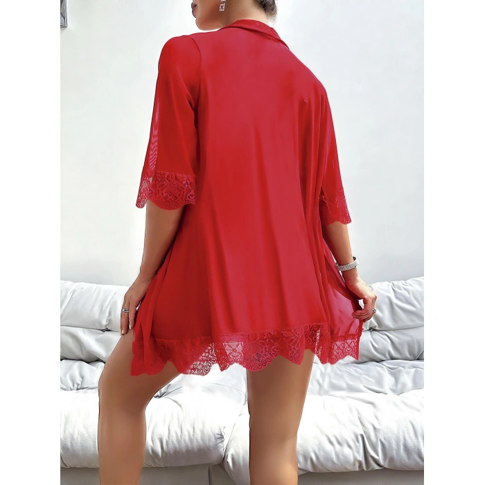 Arias Closet Özel Tasarım Dantel İşlemeli Göğüs Dekolteli Sabahlıklı Kırmızı 2 li Tül Gecelik Takımı