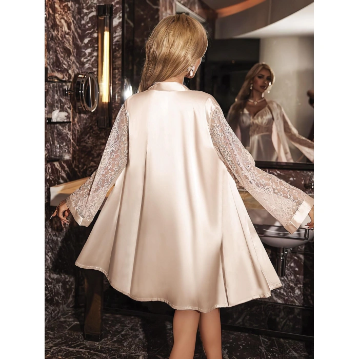 Arias Closet Özel Tasarım Şık Dantel İşlemeli Sabahlıklı 2 li Pudra Saten Gecelik Takımı