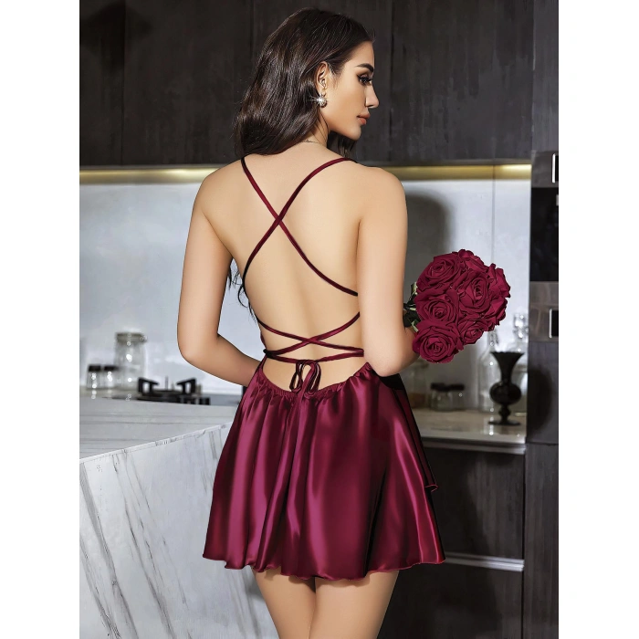 Arias Closet Özel Tasarım Sırt Dekolteli Sabahlıklı Saten Bordo 2 li Gecelik Takımı