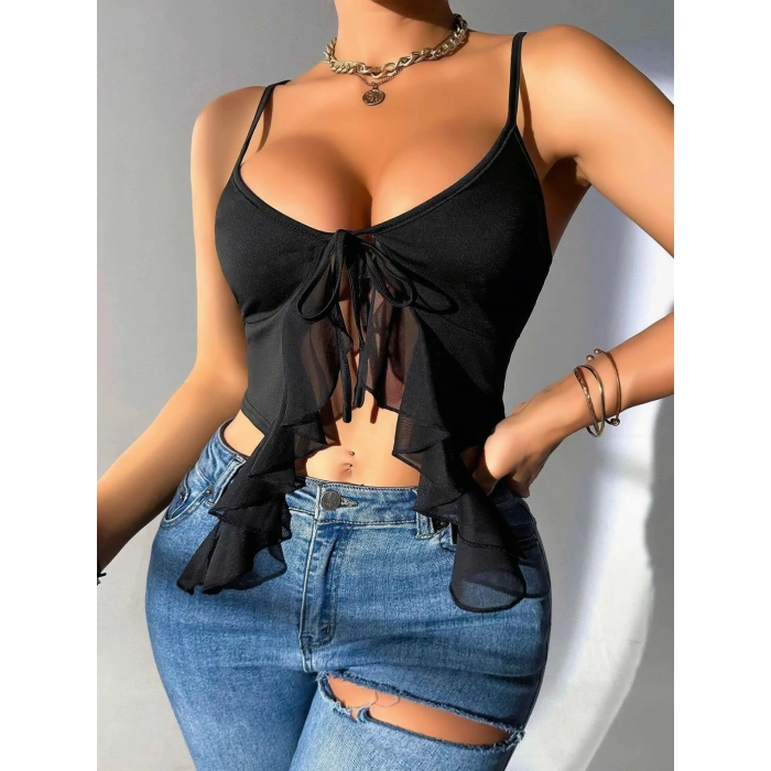 Arias Closet Siyah İnce Askılı Önden Bağlamalı Fırfır Detaylı Crop