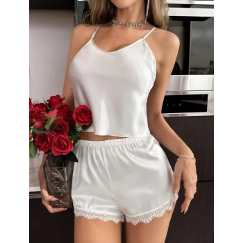 Aria s Closet Beyaz Dantel İşlemeli İnce Askılı Saten Şortlu Takım