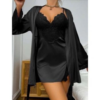 Arias Closet Dantel İşlemeli İnce Askılı Siyah 2 li Saten Gecelik Sabahlık Takımı