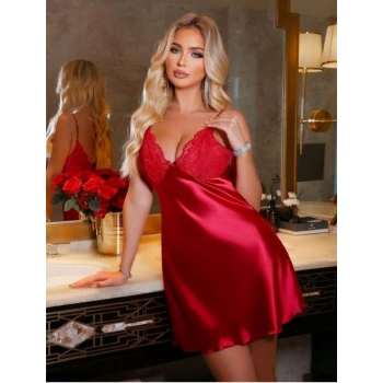 Arias Closet Kırmızı Dantel İşlemeli İnce Askılı Saten Kısa Fantezi Gecelik