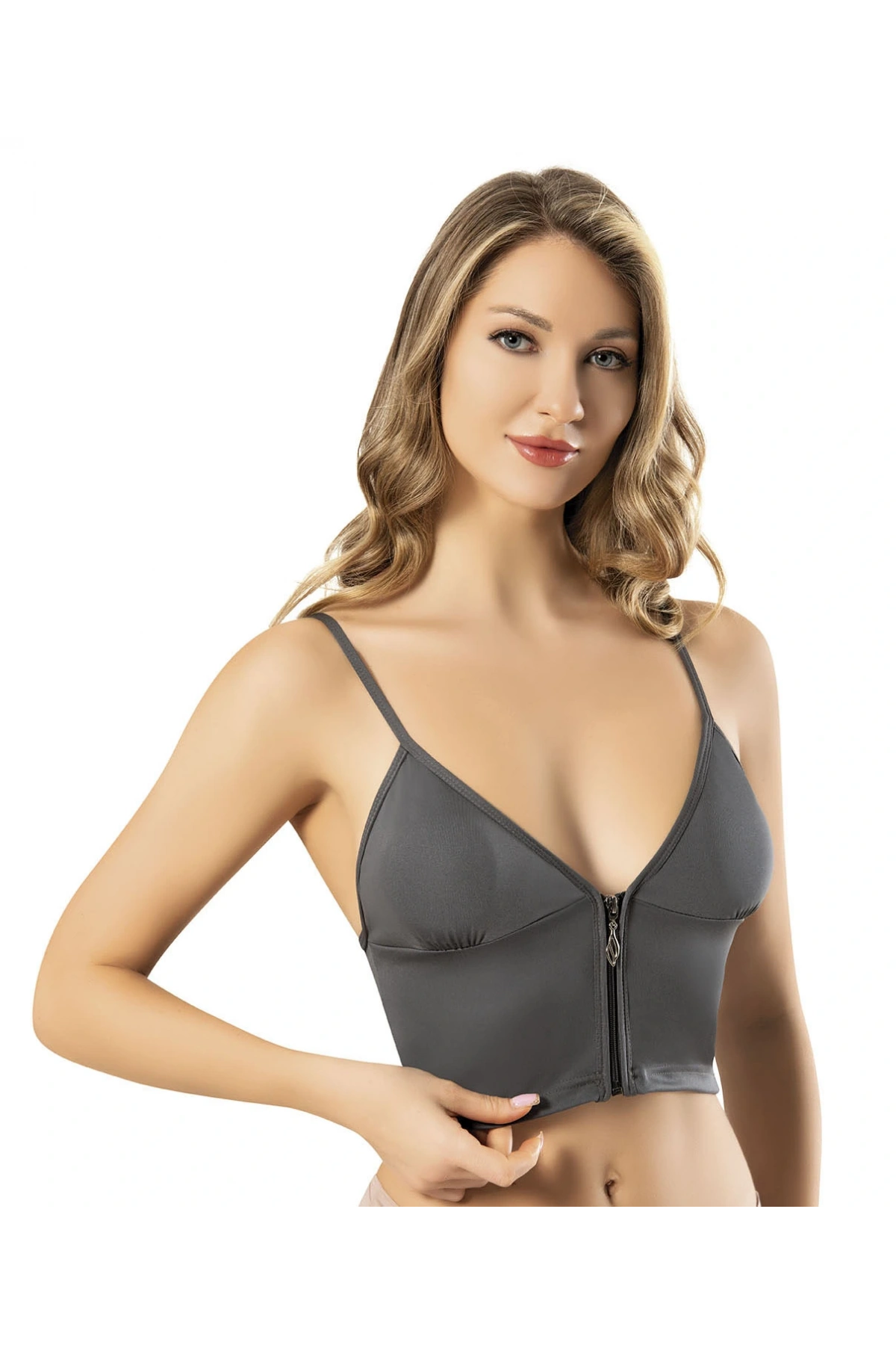 Dalgıç Kumaş Pedli Fermuar Detay İp Askı Crop