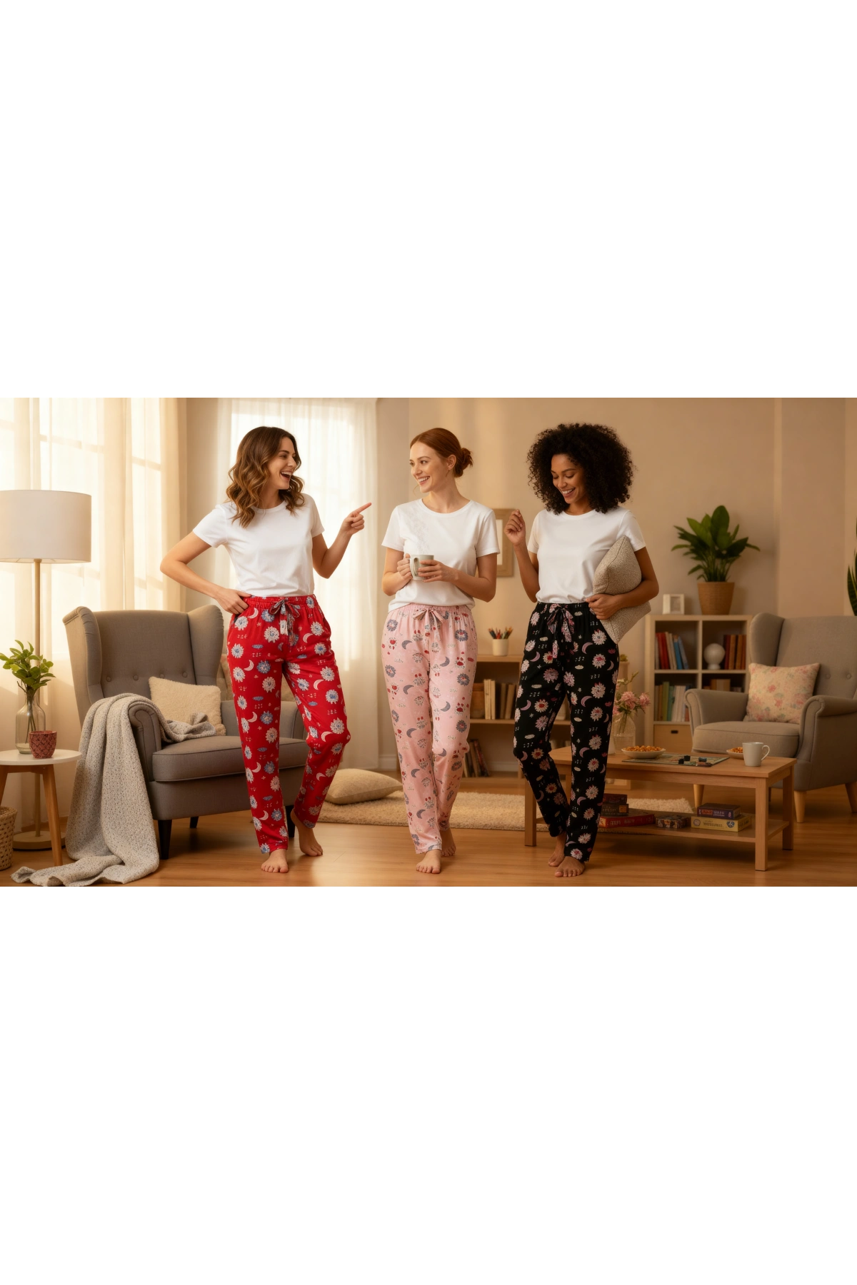 DESENLİ KADIN PİJAMA TEK ALT 3LÜ