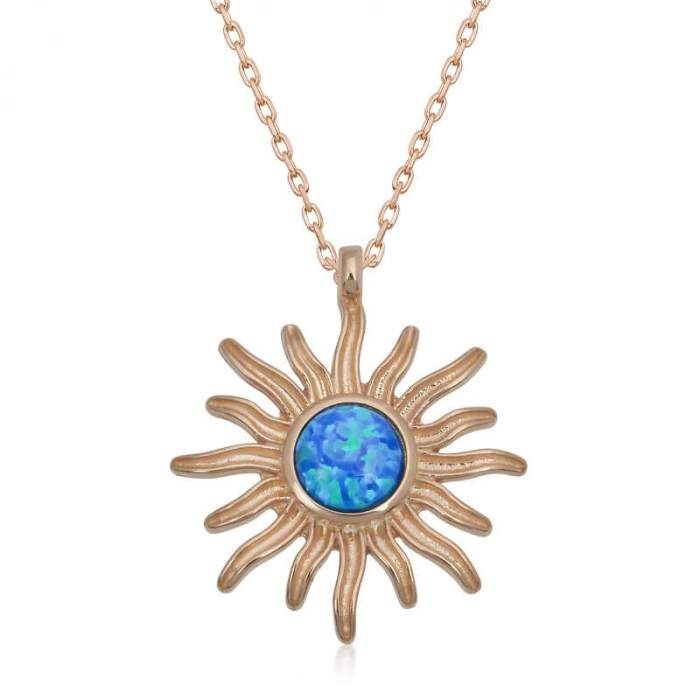 ​925 Ayar Gümüş Rose Mavi Opal Taşlı Güneş Kadın Kolye