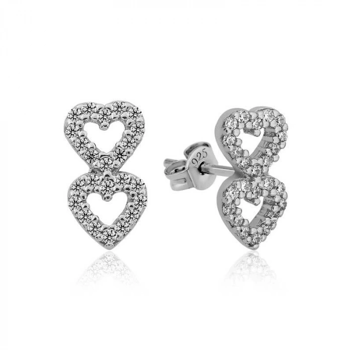 ​Gümüş İki Kalp Çivili Küpe