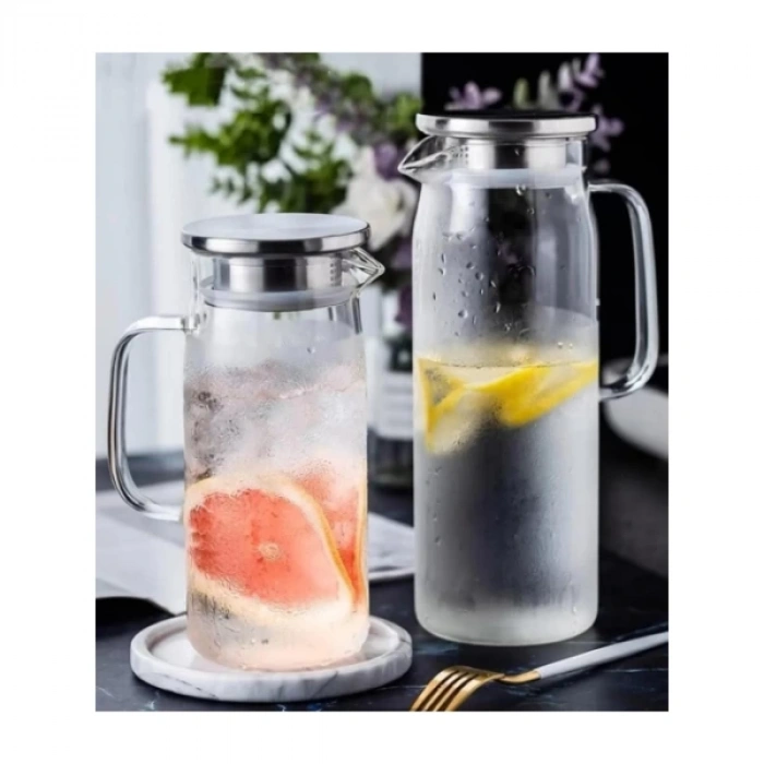 MDB 1500 ml Borosilikat Cam Su Sürahisi - Metal Kapaklı ve Isıya Dayanıklı