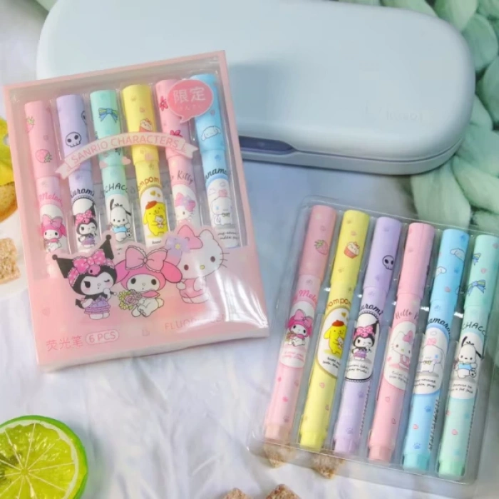 MDB 6lı Fosforlu Kalem Seti - Sanrio Karakterleri, Kuromi, Hello Kitty