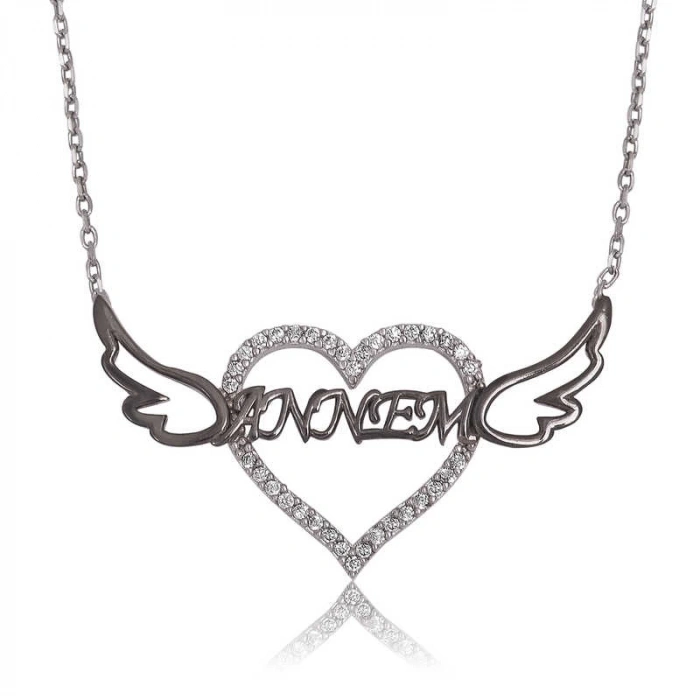 925 Ayar Gümüş Annem Yazılı Kalp Kadın Gümüş Kolye